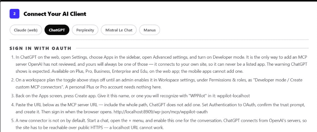 Real WPPilot Connect screen with Web apps and ChatGPT selected